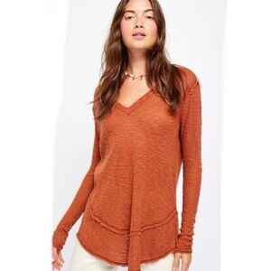 We The Free People Burnt Orange Ocean Air Hacci V-Neck Long Sleeve Tunic Top M